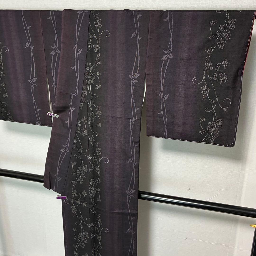 D10 本場結城紬 やまと 葡萄柄 濃紫系 正絹 着物 袷 しつけ糸未使用極美品
