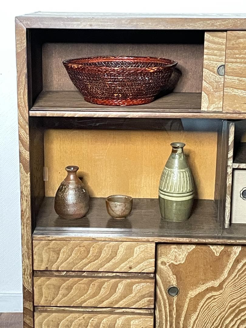 【昭和レトロ】茶ダンス｜収納棚｜ガラス戸付き｜キズあり｜木目調｜ヴィンテージ家具