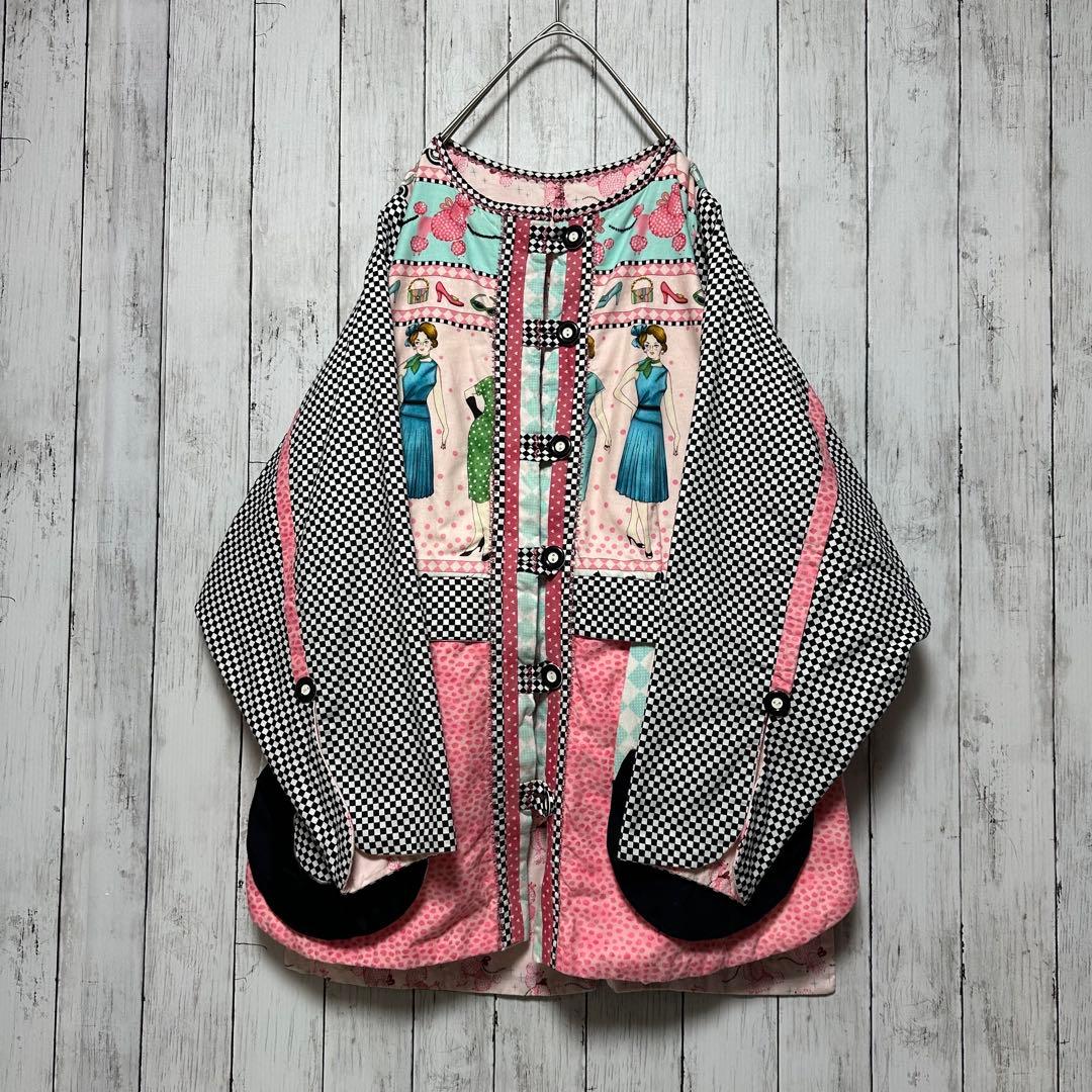 【希少☆総柄パッチワークジャケット】輸入古着☆チェッカー柄☆レオパード　F