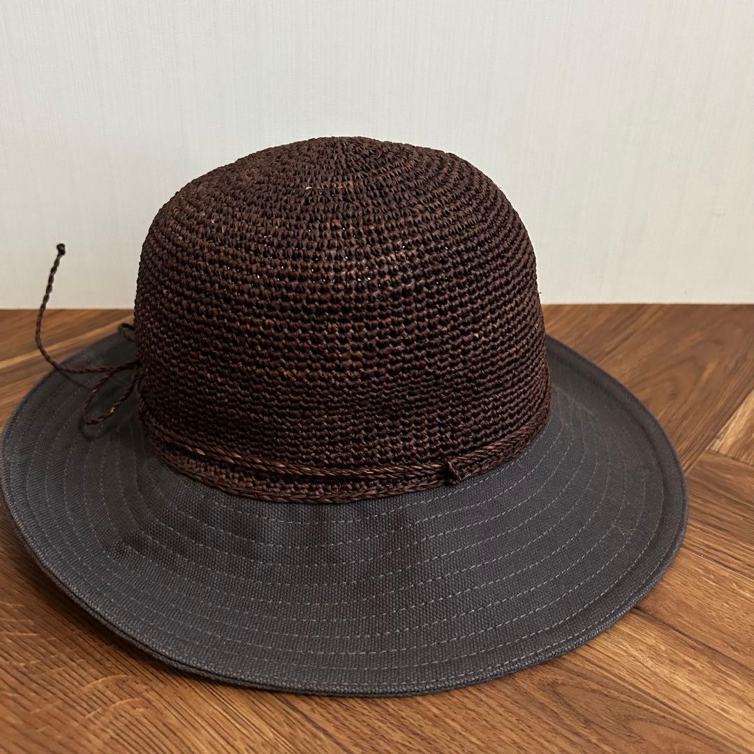 ヘレンカミンスキー ラフィアハット 麦わら帽子　ブラウン コットン 異素材コンビ