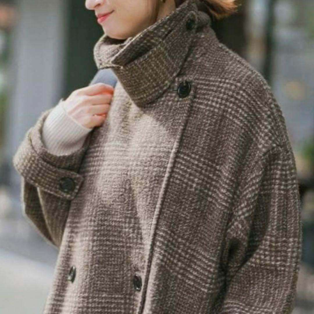 Spick&Span Wスライバーチェックハーフコート　36 ブラウン 23AW