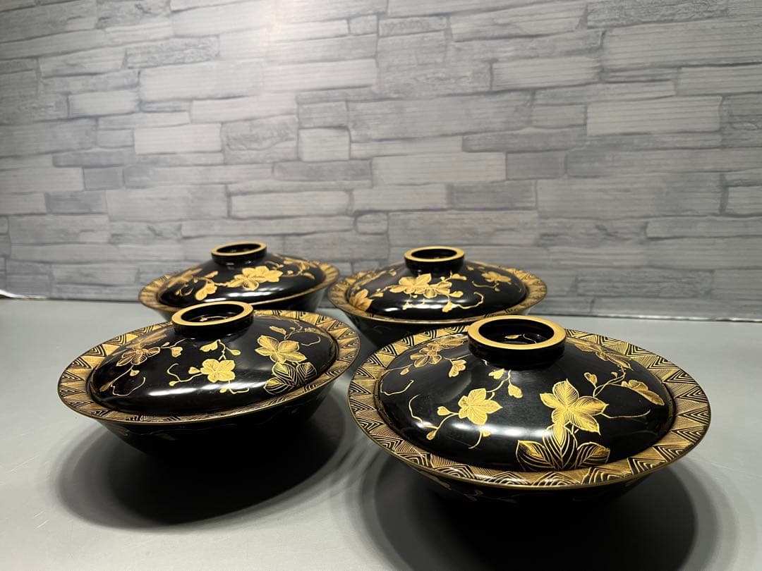 時代　極上　輪島塗　沈金蒔絵　蓋付き煮椀　四客　木製